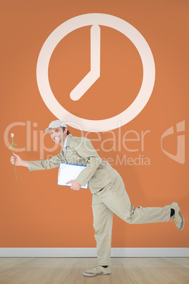 Composite image of happy delivery man with clipboard offering fl