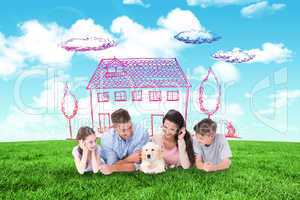 Composite image of family looking at puppy while lying