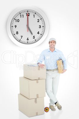 Composite image of handsome delivery man leaning on stacked card