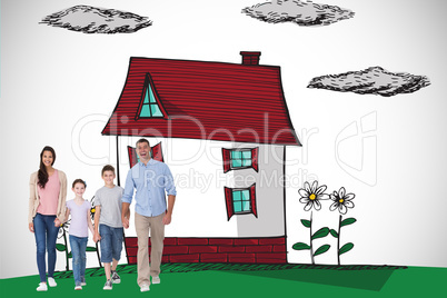 Composite image of portrait of happy family walking over white b