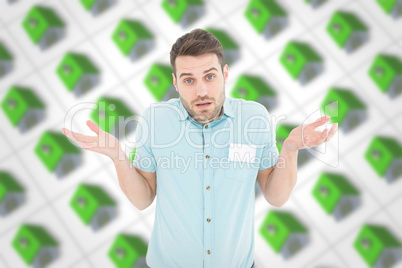 Composite image of delivery man giving i dont know gesture