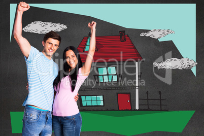 Composite image of young couple cheering at camera