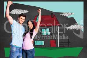 Composite image of young couple cheering at camera