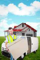 Composite image of delivery man holding cardboard box