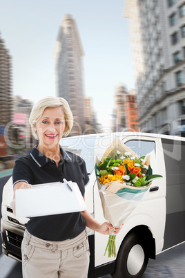 Composite image of happy flower delivery woman looking for signa