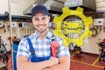 Composite image of confident young male repairman holding adjust
