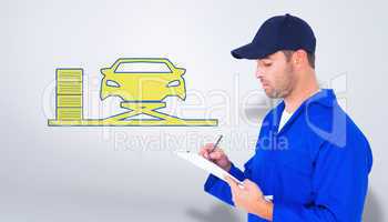 Composite image of mechanic writing on clipboard over white back