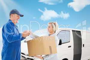 Composite image of happy delivery man with customer