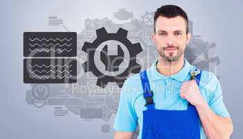 Composite image of repairman holding adjustable wrench