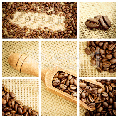 Composite image of wooden shovel full of coffee beans
