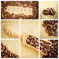 Composite image of wooden shovel full of coffee beans