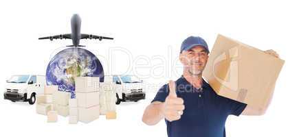 Composite image of happy delivery man holding cardboard box show