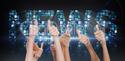 Composite image of thumbs raised and hands up