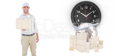 Composite image of delivery man giving package on white backgrou