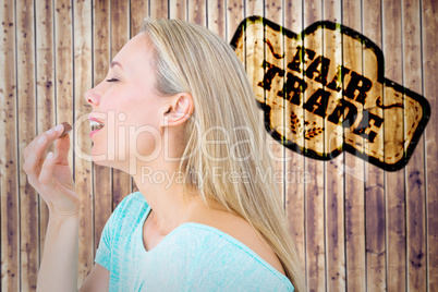 Composite image of pretty blonde eating a chocolate