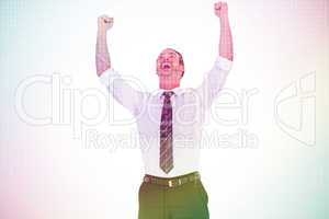 Composite image of handsome businessman cheering with arms up