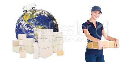 Composite image of happy delivery woman holding cardboard box