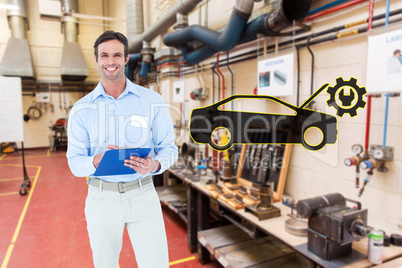 Composite image of confident businessman holding clipboard