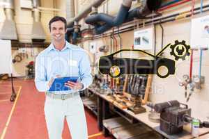 Composite image of confident businessman holding clipboard