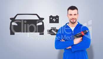 Composite image of confident handyman holding power drill