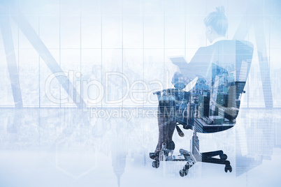 Composite image of businesswoman sitting on swivel chair with ta