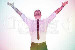 Composite image of cheering businessman with his arms raised up