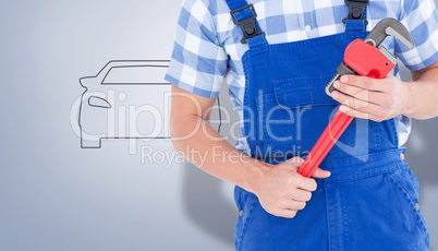 Composite image of repairman holding adjustable pliers