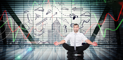 Composite image of businessman meditating in lotus pose