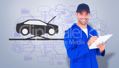 Composite image of portrait of happy male mechanic writing on cl