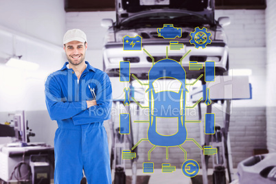 Composite image of male mechanic standing arms crossed on white