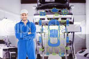 Composite image of male mechanic standing arms crossed on white