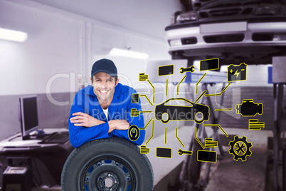 Composite image of handsome mechanic leaning on tire