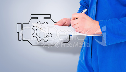 Composite image of male mechanic writing on clipboard