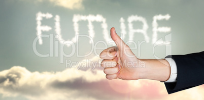 Composite image of hand showing thumbs up