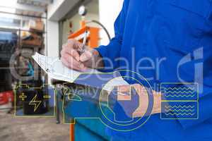 Composite image of mechanic writing notes on clipboard