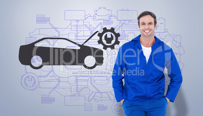 Composite image of happy mechanic with hands in pockets