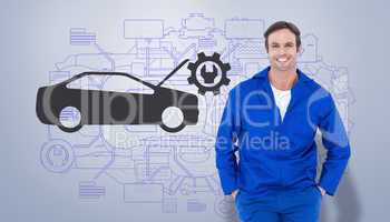 Composite image of happy mechanic with hands in pockets