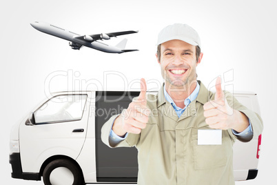 Composite image of happy delivery man gesturing thumbs up