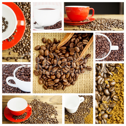 Composite image of wooden shovel with coffee beans