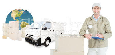 Composite image of happy delivery man writing on clipboard by ca