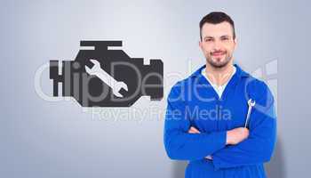 Composite image of happy mechanic holding spanner on white backg