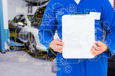 Composite image of male mechanic holding clipboard