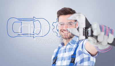 Composite image of handyman wearing protective glasses while hol