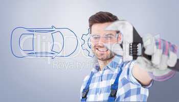 Composite image of handyman wearing protective glasses while hol