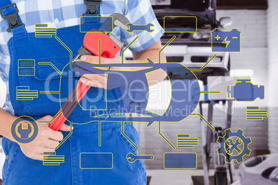 Composite image of repairman holding adjustable pliers