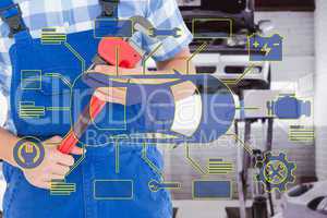 Composite image of repairman holding adjustable pliers