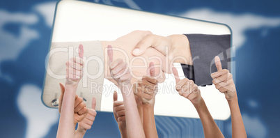 Composite image of thumbs raised and hands up