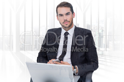 Composite image of cheerful businessman with laptop using smartp