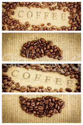 Composite image of coffee beans surrounding coffee stamp on sack