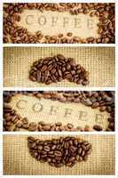 Composite image of coffee beans surrounding coffee stamp on sack